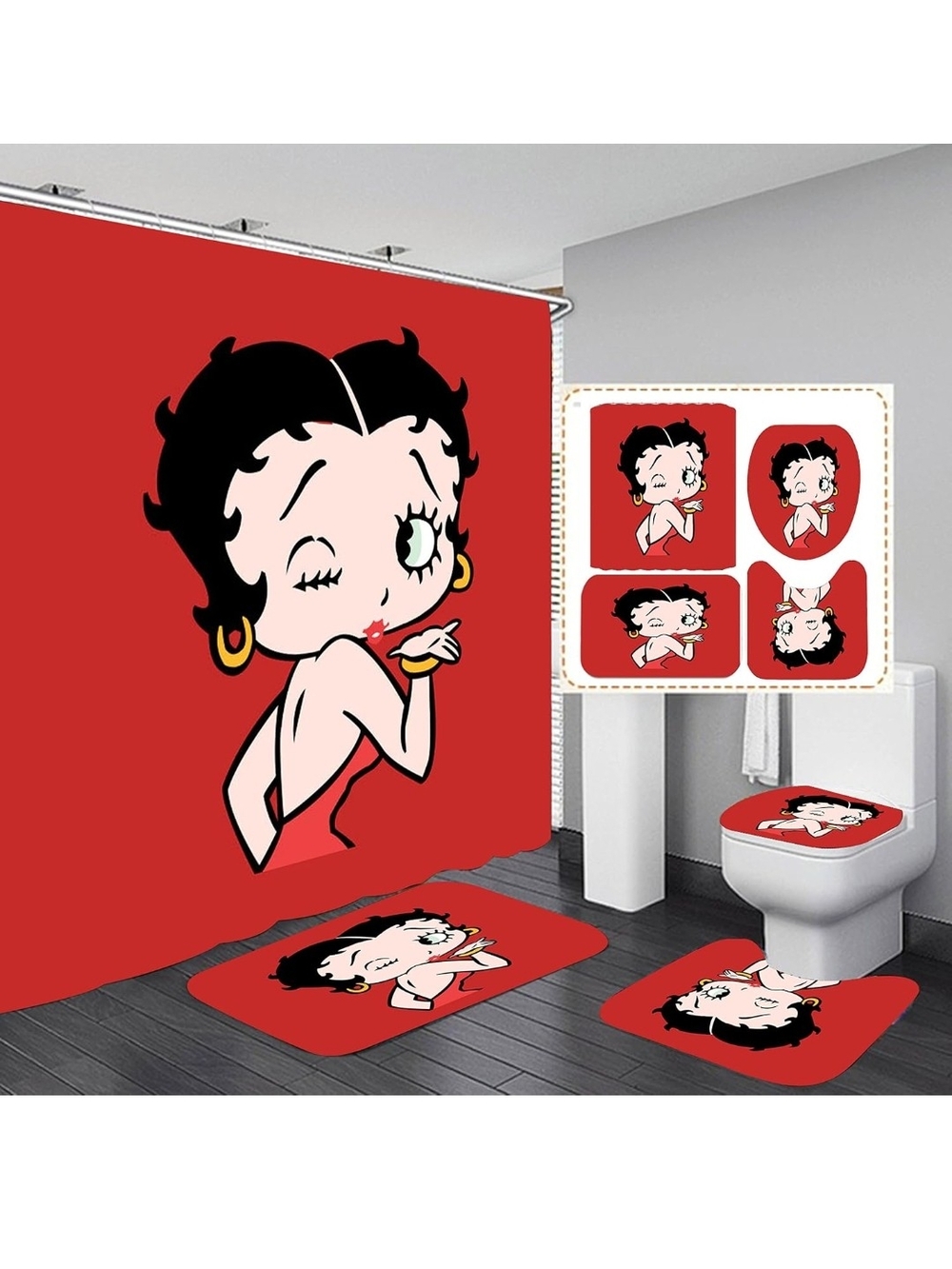 Betty Boop Red, Black, Cream Bathroom Set Graphic Shower Curtain and Rugs